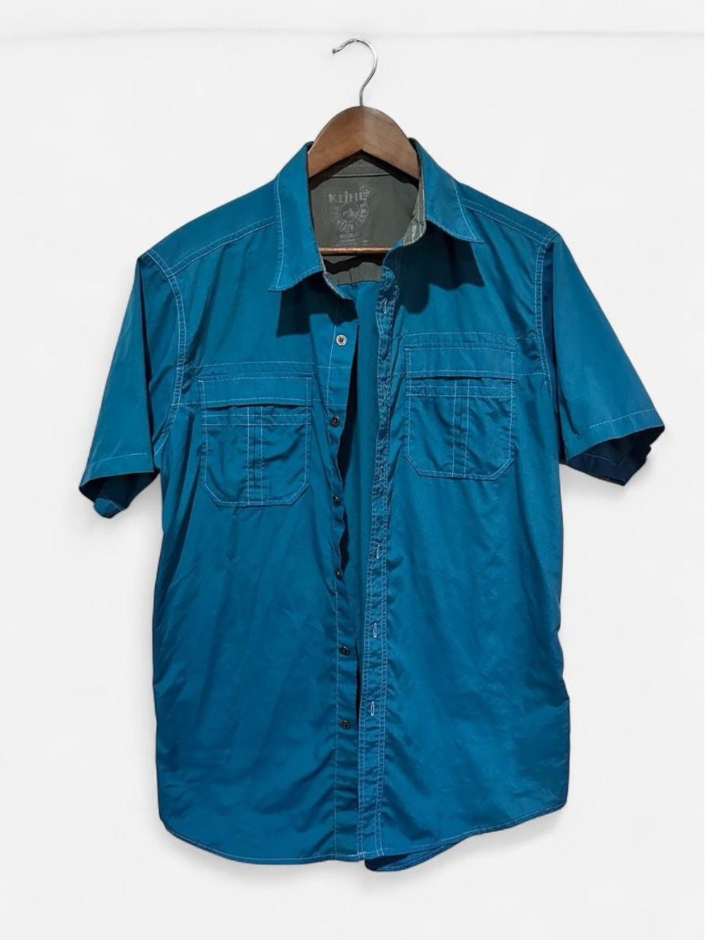 KUHL Eluxur Mens Medium Teal Blue Short Sleeve Button Down Hiking Shirt